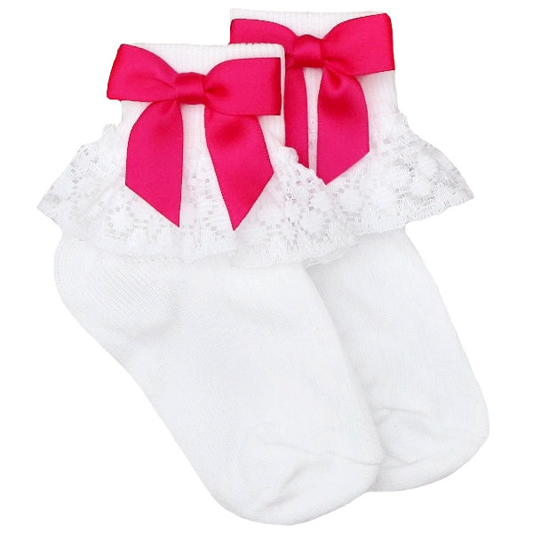 Girls White Lace Socks with Hot Pink Satin Bows
